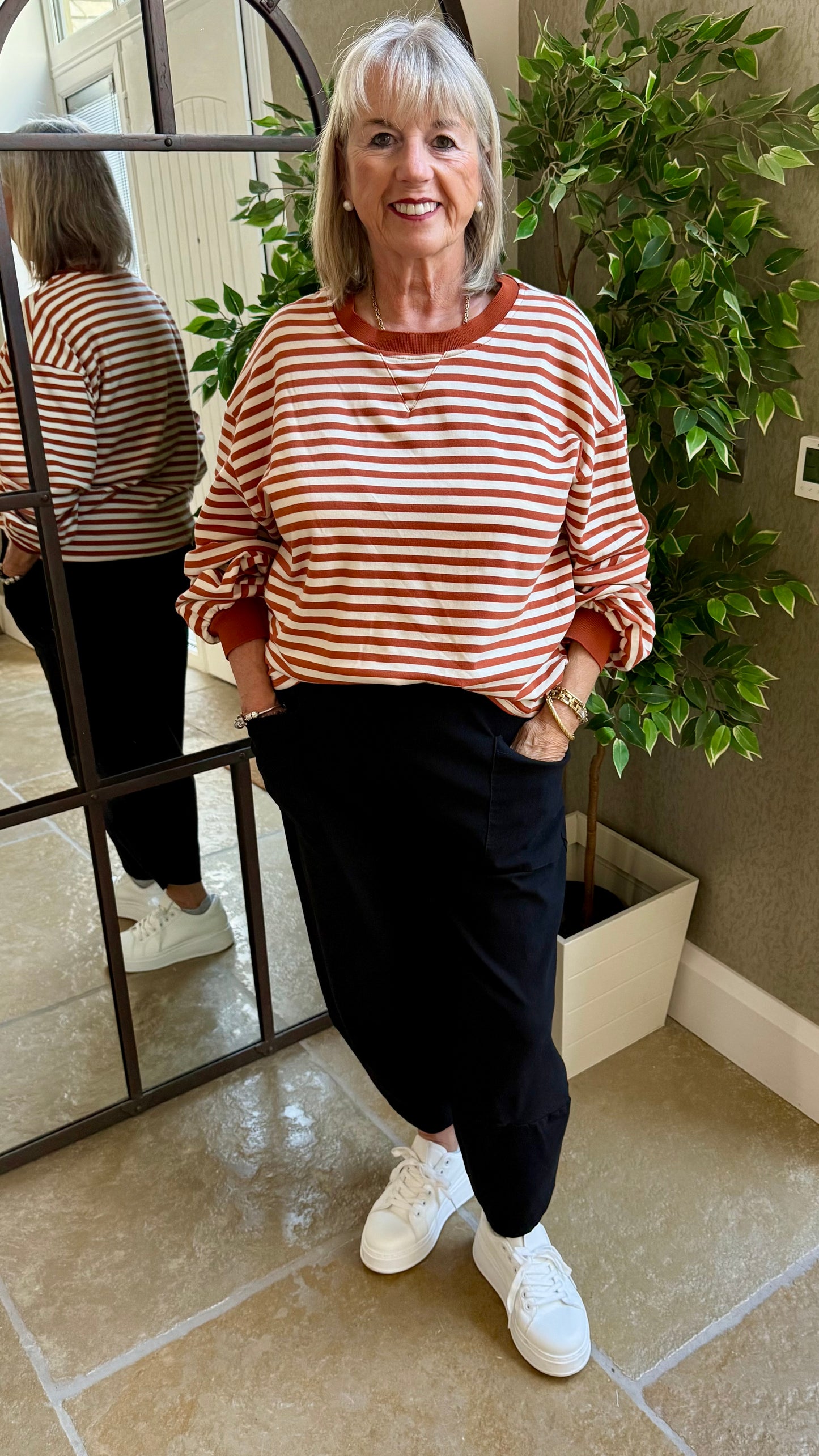 RUST AND CREAM STRIPE CREW SWEAT TOP