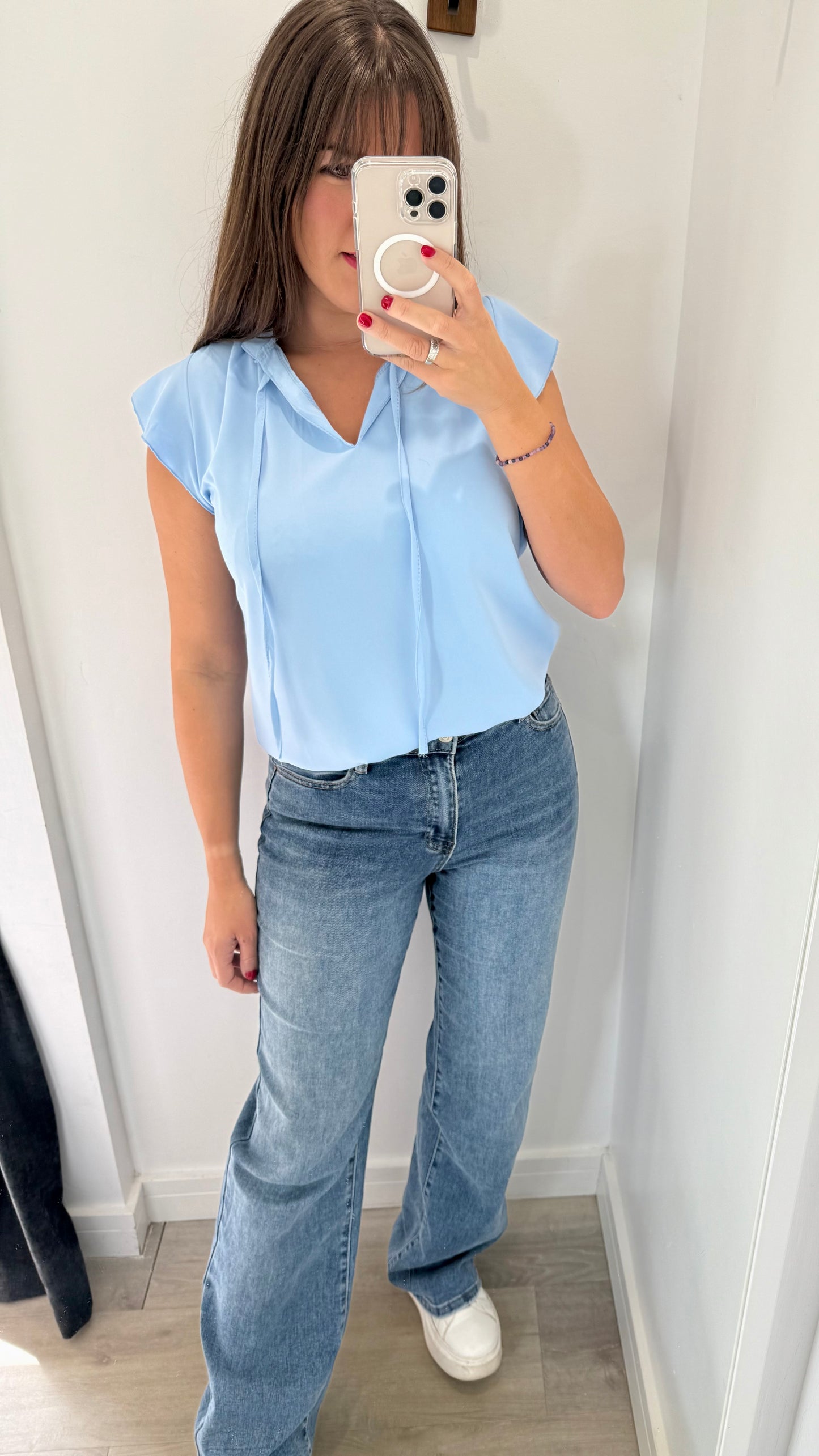 POWDER BLUE TIE-UP BLOUSE WITH FRILL SLEEVE