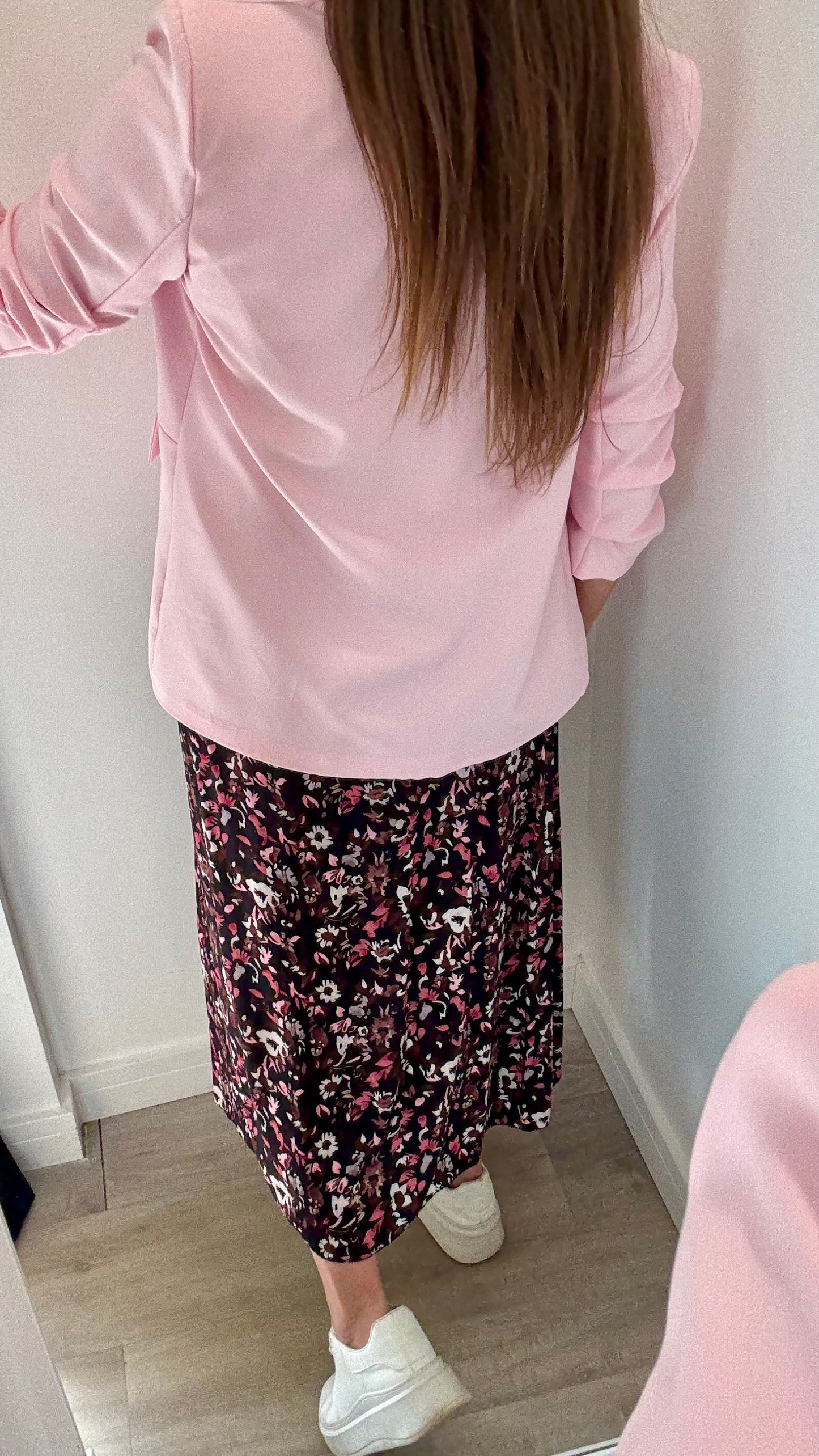 FLORAL PRINT MIDI SKIRT - BLACK WITH BLUSH AND NUDE