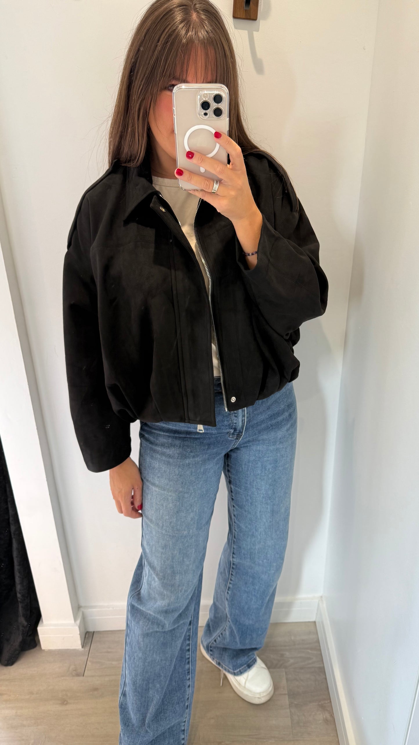 BLACK SUEDETTE BOMBER JACKET