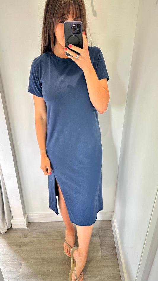 NAVY JERSEY RAW EDGE MIDI T-SHIRT DRESS