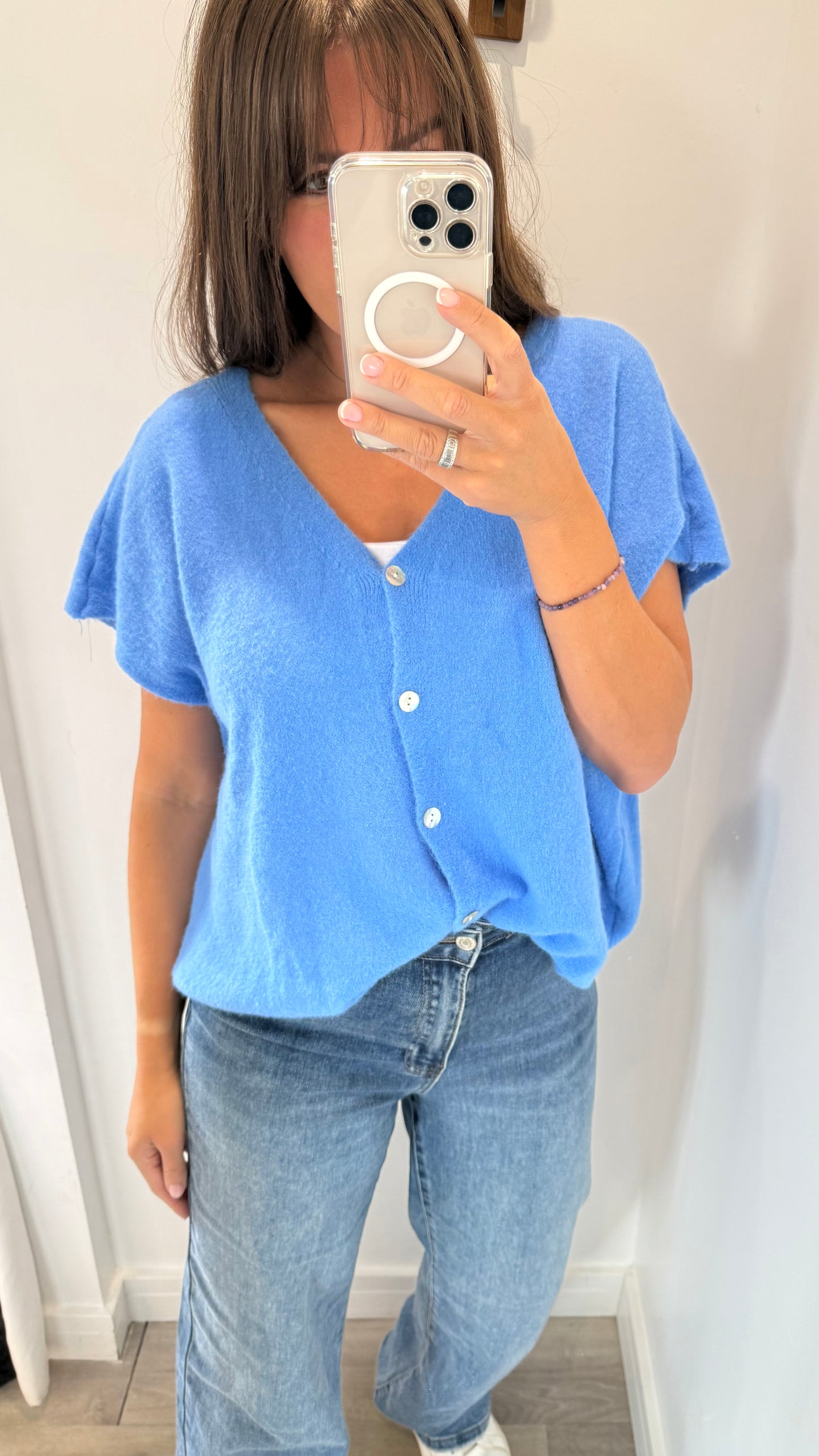 BLUE DEEP V BOXY SLEEVELESS CARDIGAN