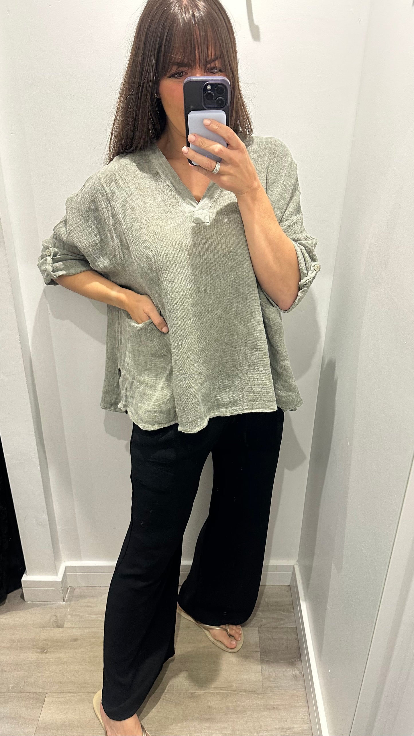 KHAKI LINEN MIX V NECK TEABAG TOP