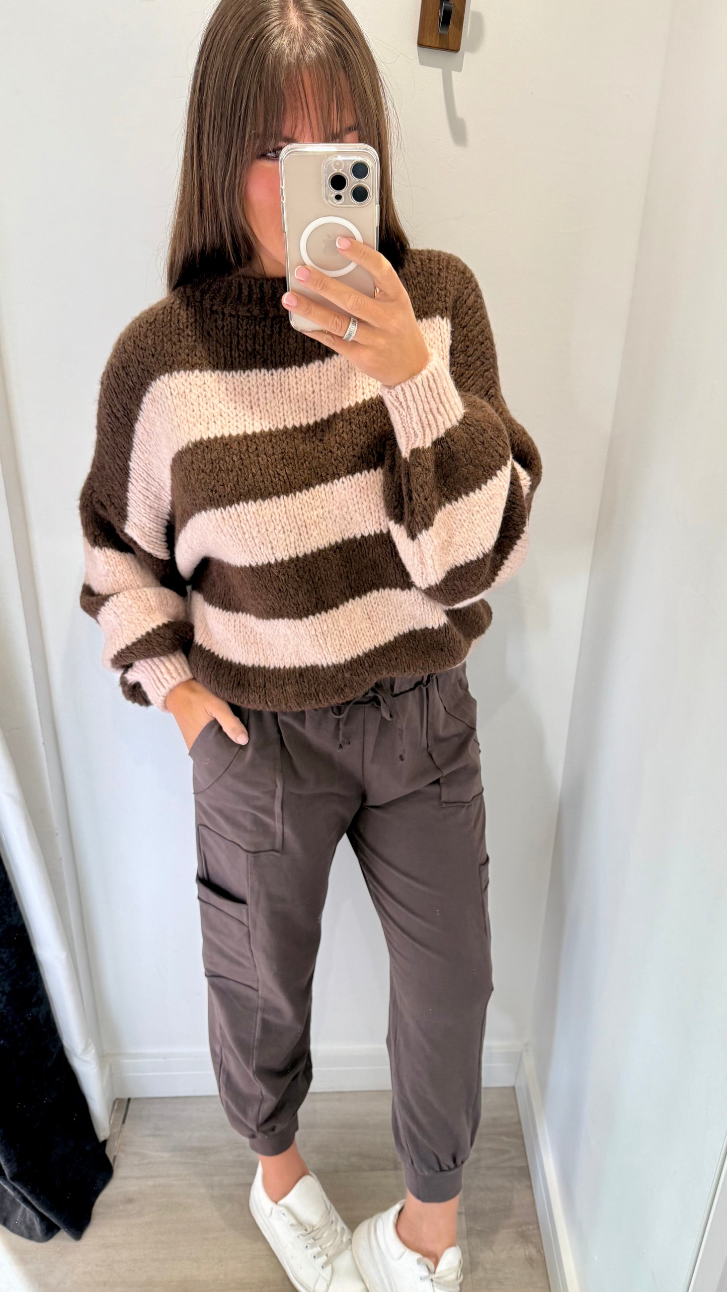 CHOCOLATE AND PALE PINK STRIPE TEXTURED KNIT JUMPER