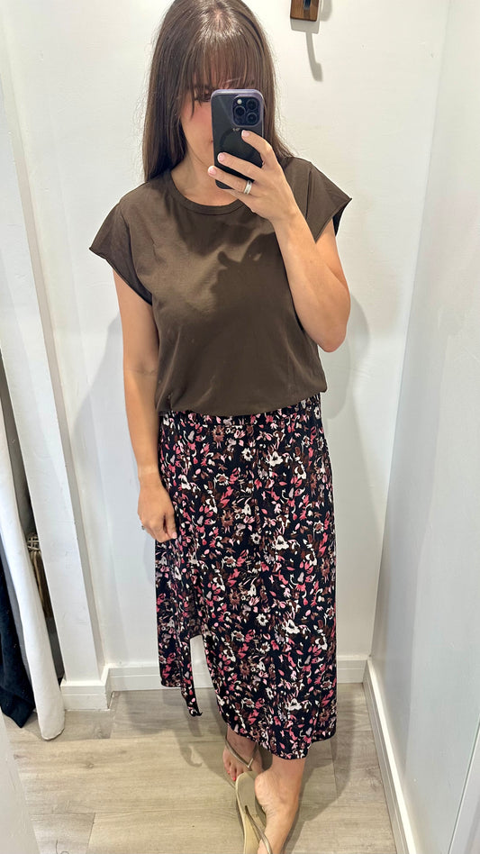 FLORAL PRINT MIDI SKIRT - BLACK WITH BLUSH AND NUDE