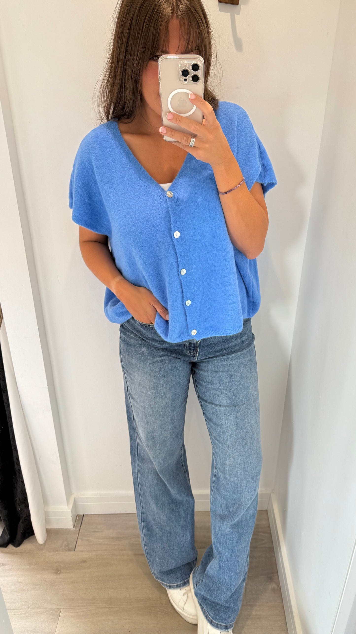 BLUE DEEP V BOXY SLEEVELESS CARDIGAN