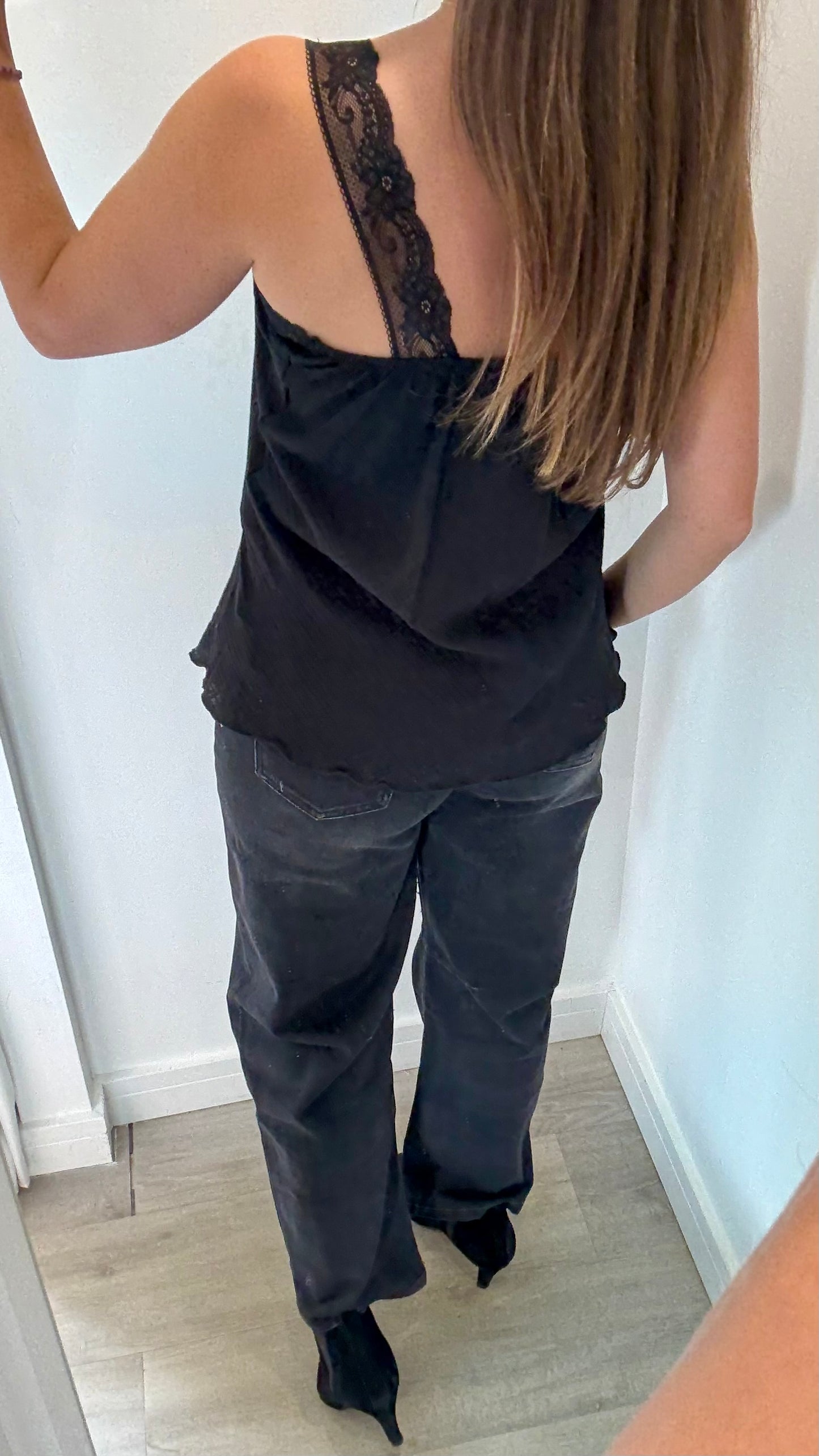 BLACK CHEESECLOTH LACE-TRIM CAMI VEST TOP