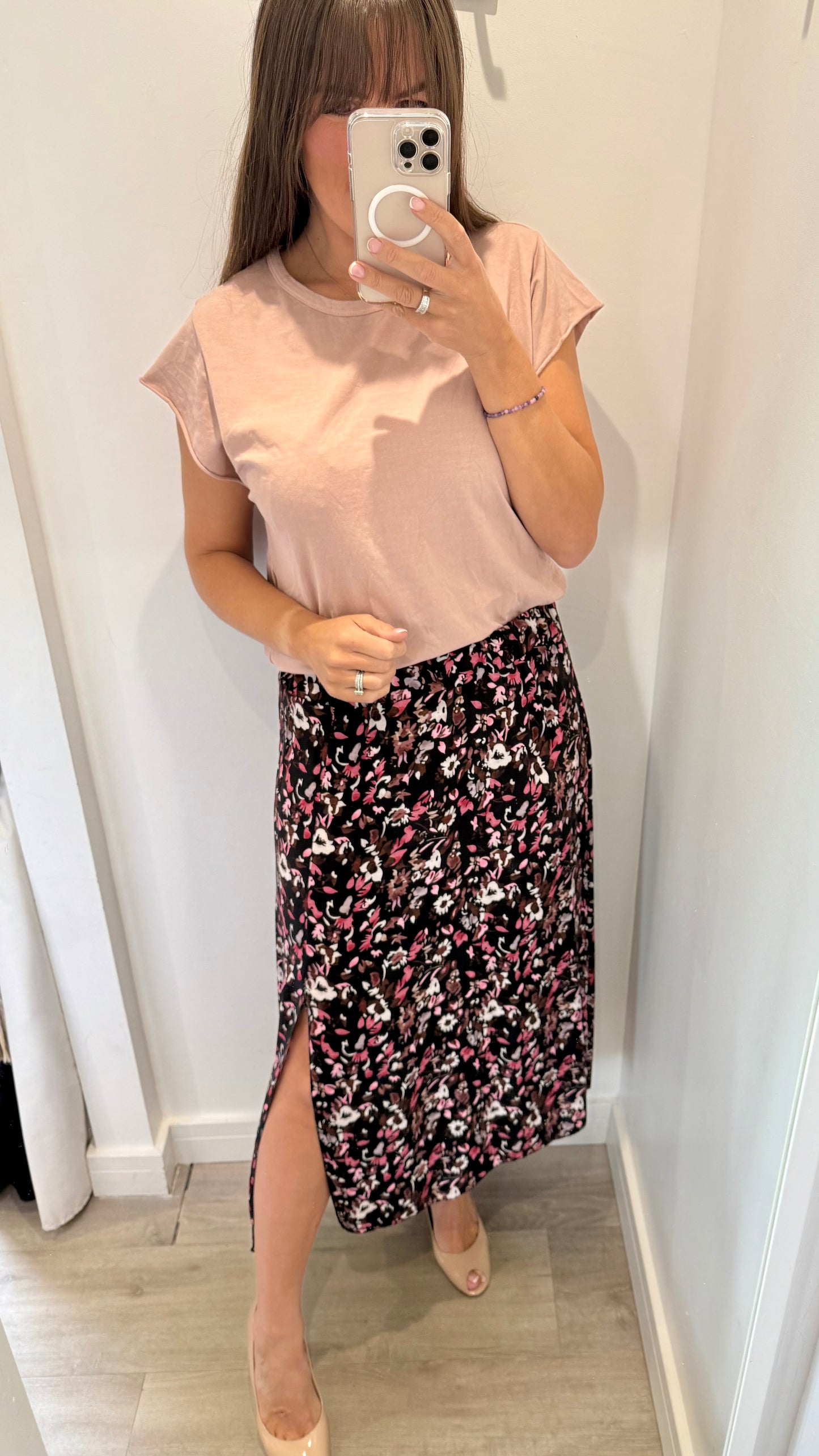 FLORAL PRINT MIDI SKIRT - BLACK WITH BLUSH AND NUDE