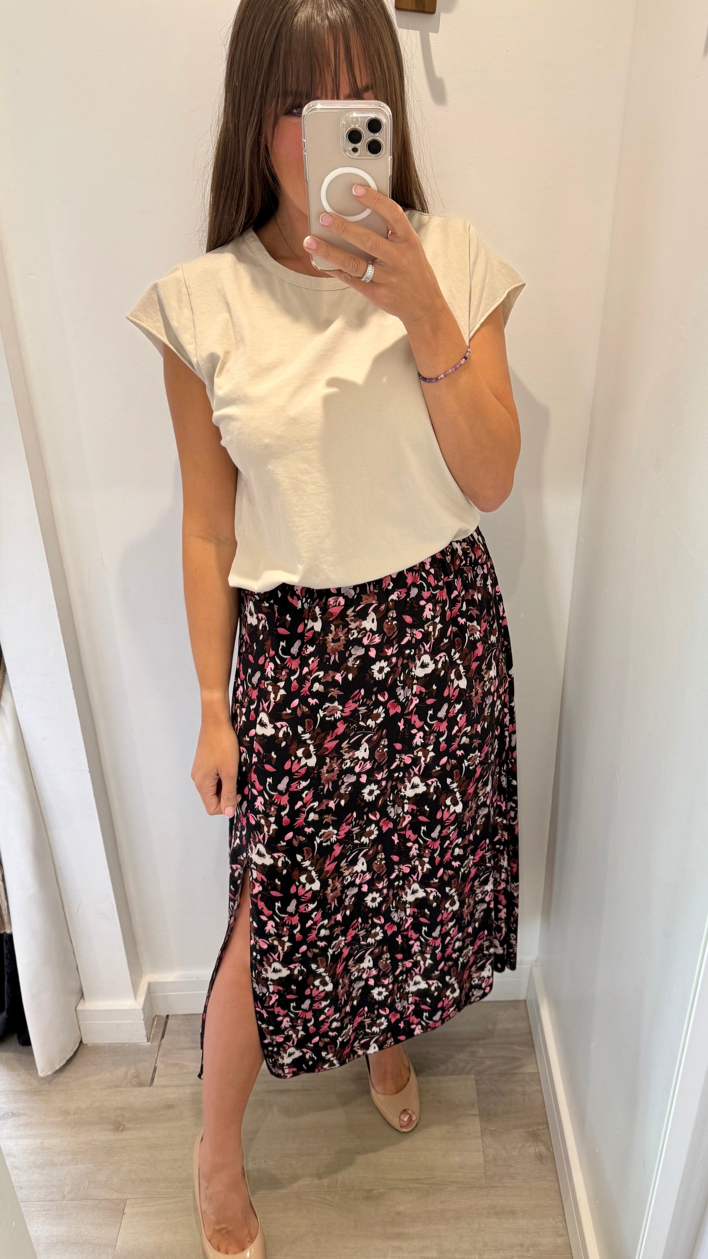 FLORAL PRINT MIDI SKIRT - BLACK WITH BLUSH AND NUDE