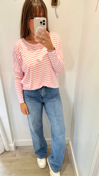 PINK AND WHITE BRETON STRIPE BATWING TOP