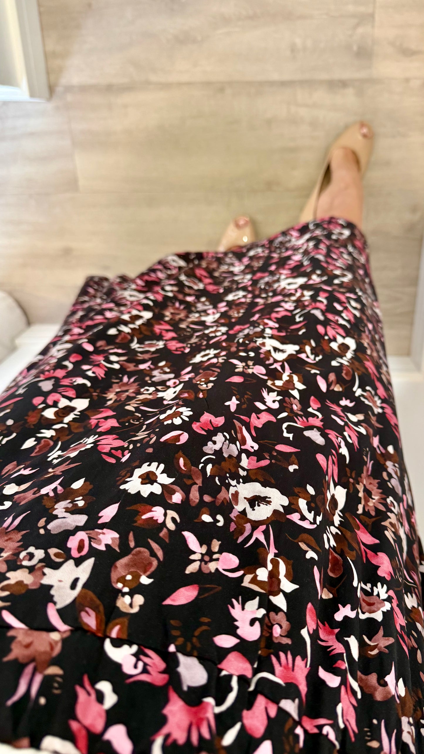 FLORAL PRINT MIDI SKIRT - BLACK WITH BLUSH AND NUDE