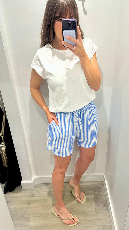 BLUE AND WHITE STRIPE CHEESECLOTH SHORTS