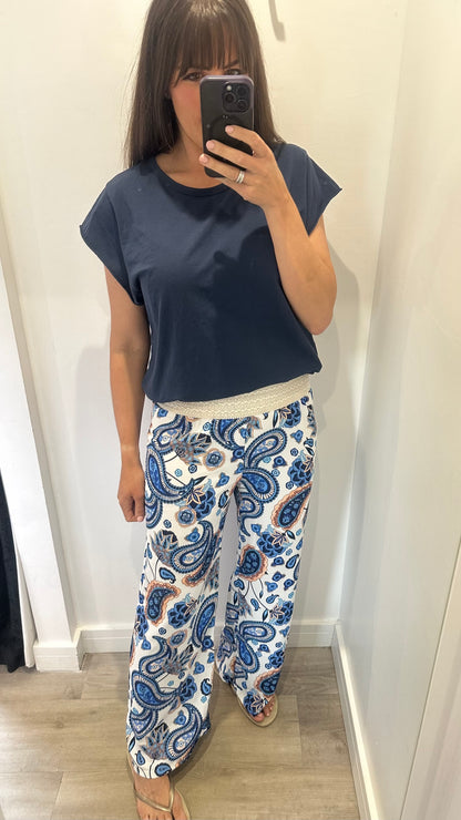 NAVY PAISLEY PRINT TROUSERS