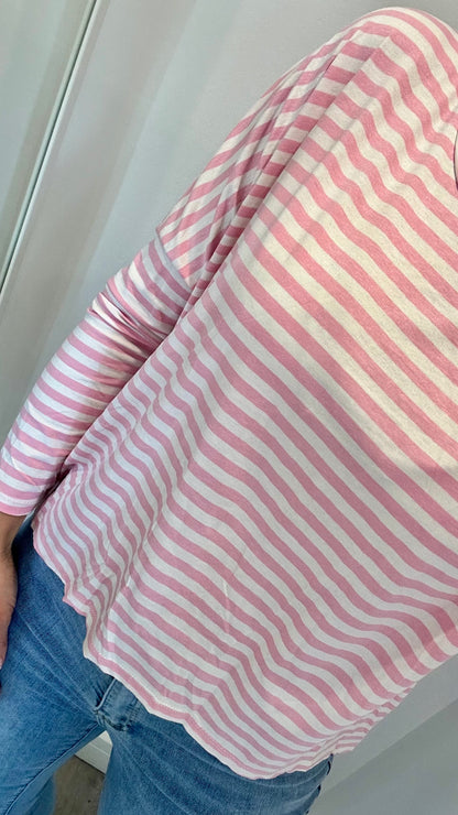 PINK AND WHITE BRETON STRIPE BATWING TOP