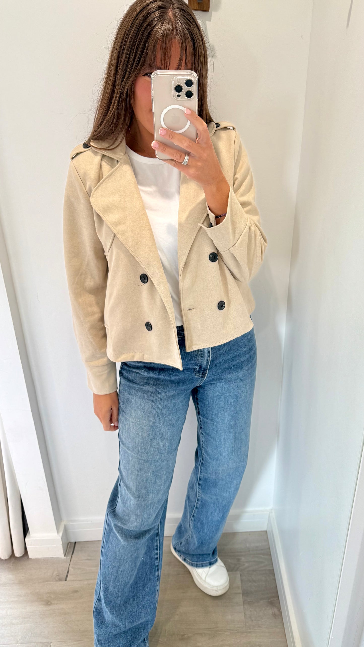 STONE SUEDE-EFFECT BUTTONED JACKET