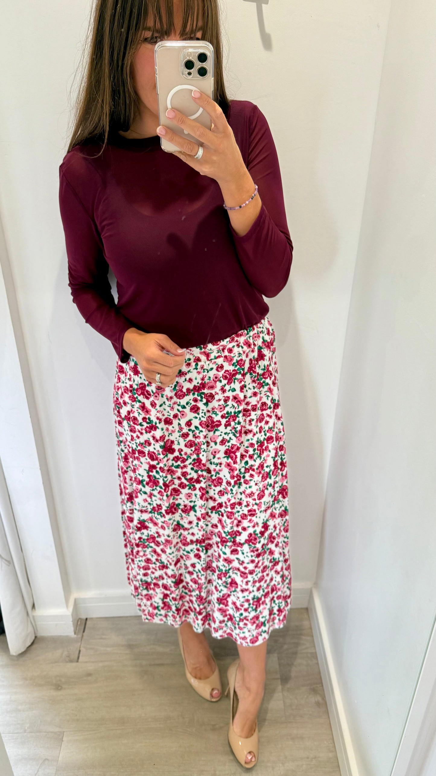 FLORAL PRINT MIDI SKIRT - WHITE WITH GREEN AND PINK