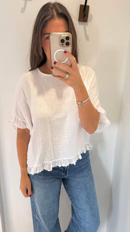 FRILL HEM COTTON TOP - WHITE