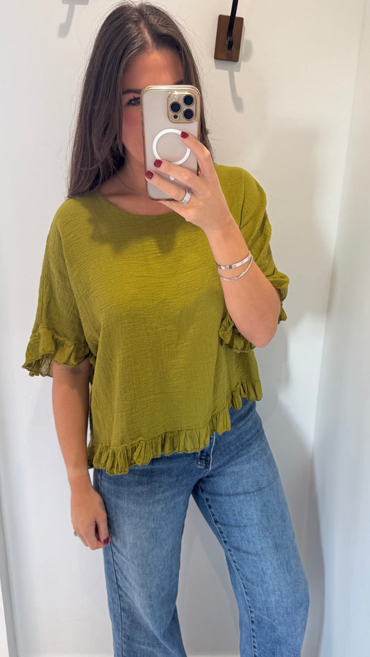 FRILL HEM COTTON TOP – OLIVE GREEN