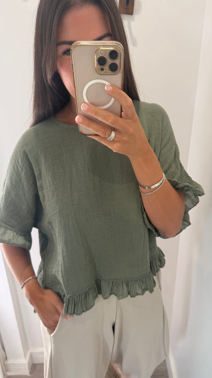 FRILL HEM COTTON TOP – KHAKI