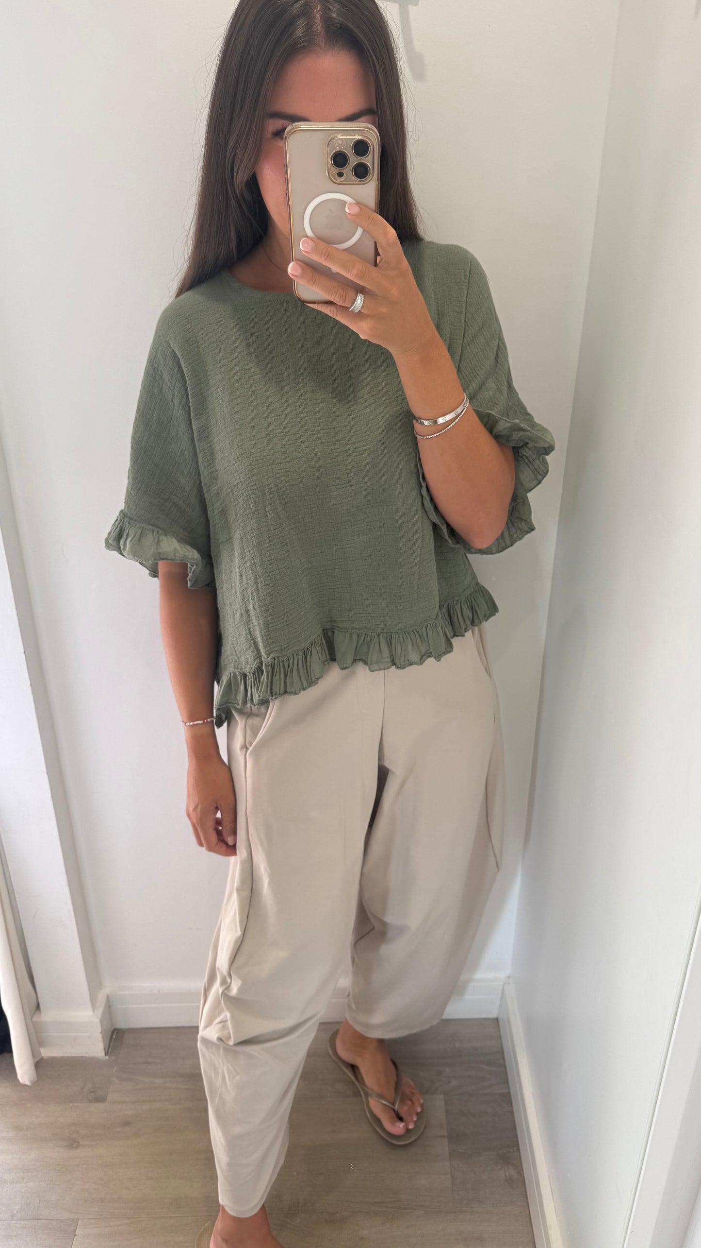 FRILL HEM COTTON TOP – KHAKI