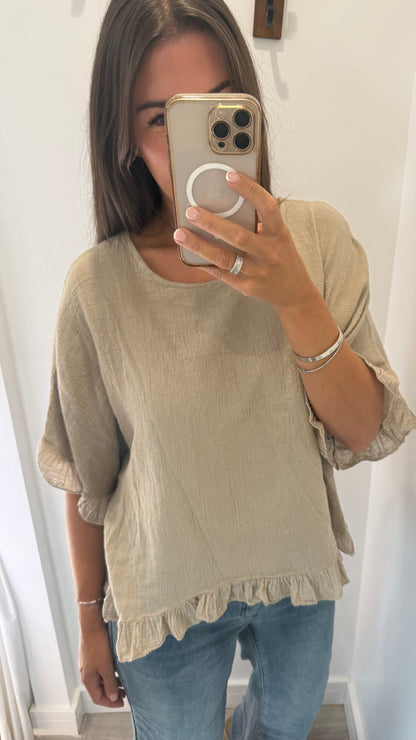 FRILL HEM COTTON TOP – MOCHA