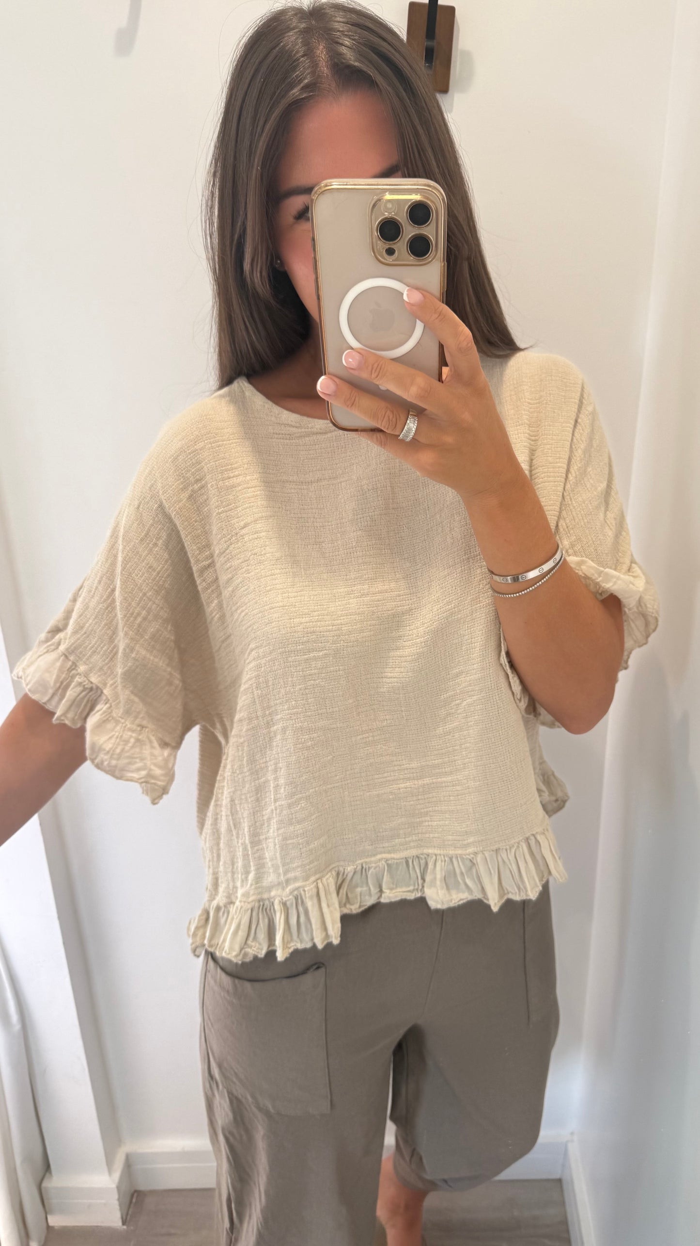 FRILL HEM COTTON TOP – STONE