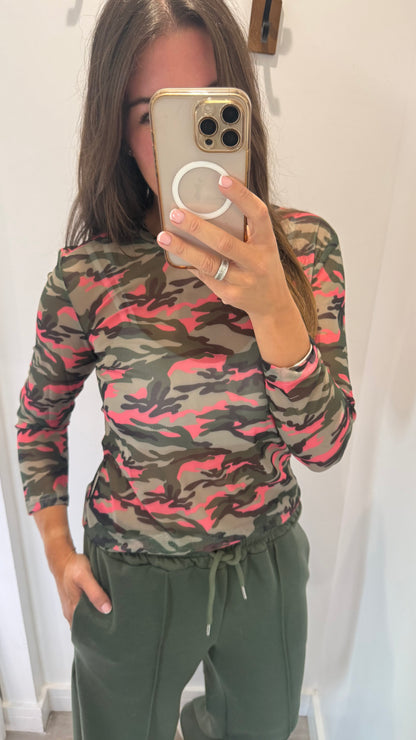 GREEN & PINK CAMO SHEER TOP
