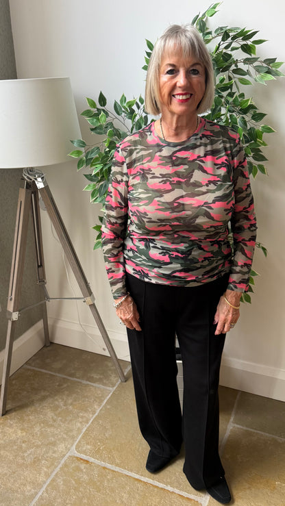GREEN & PINK CAMO SHEER TOP
