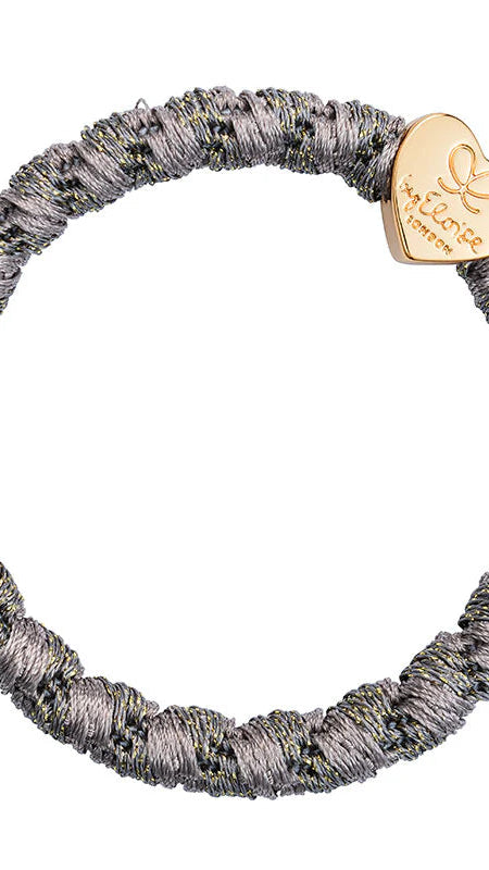 BYELOISE PEBBLE GREY WOVEN METALLIC SILK BAND WITH GOLD HEART CHARM