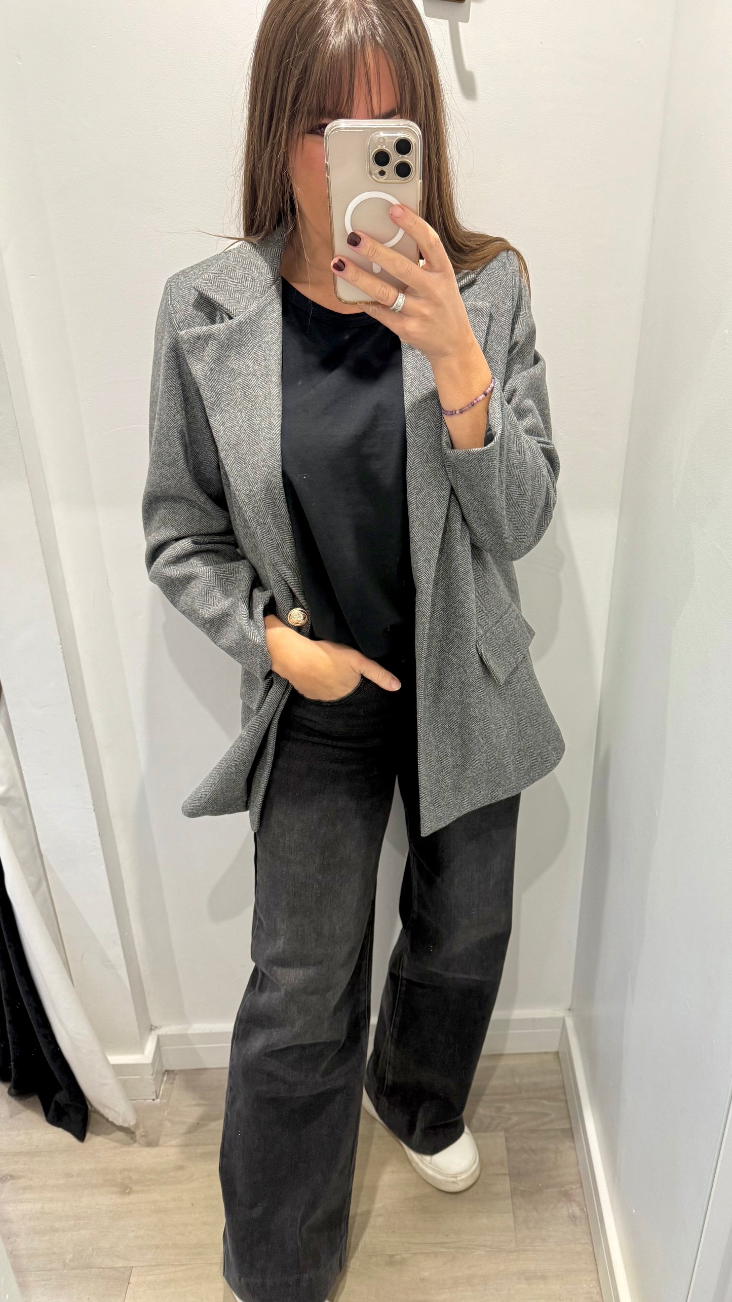 GREY TWEED STYLE ONE-BUTTON BLAZER