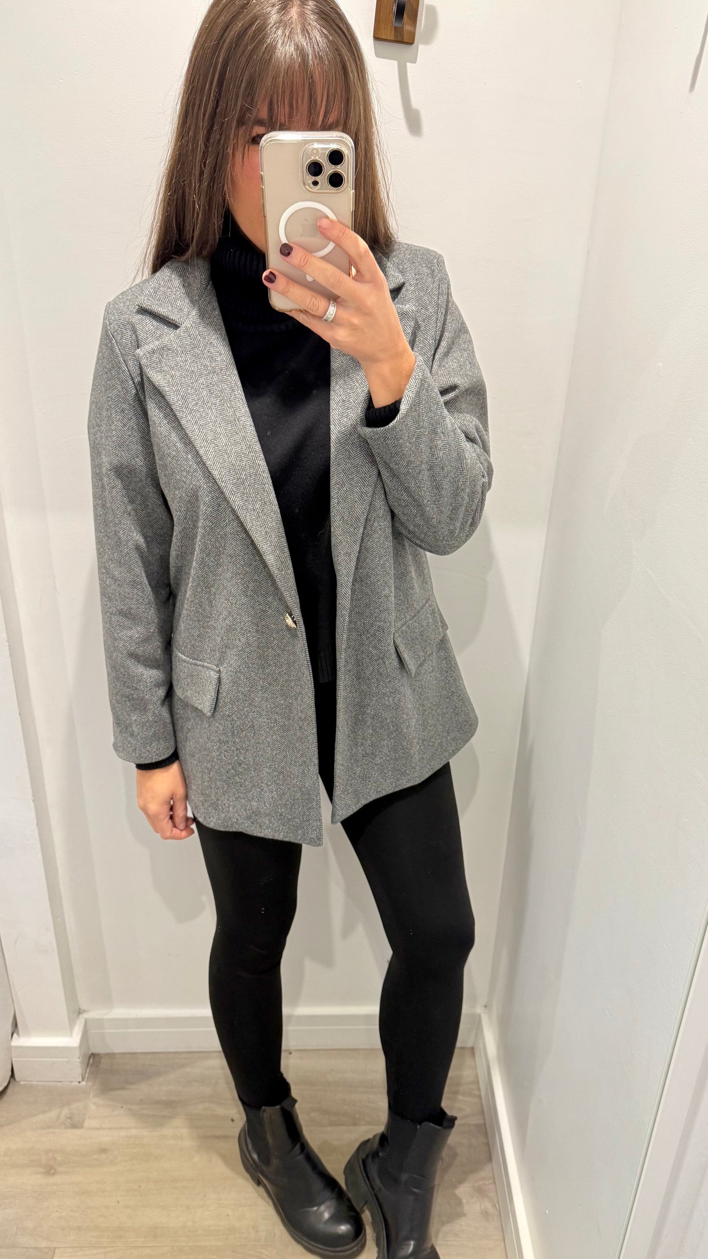 GREY TWEED STYLE ONE-BUTTON BLAZER