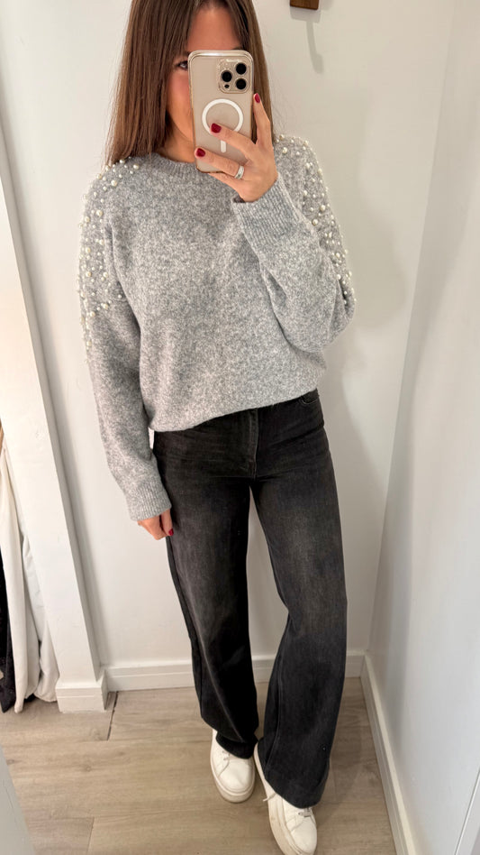 GREY PEARL SHOULDER KNIT JUMPER