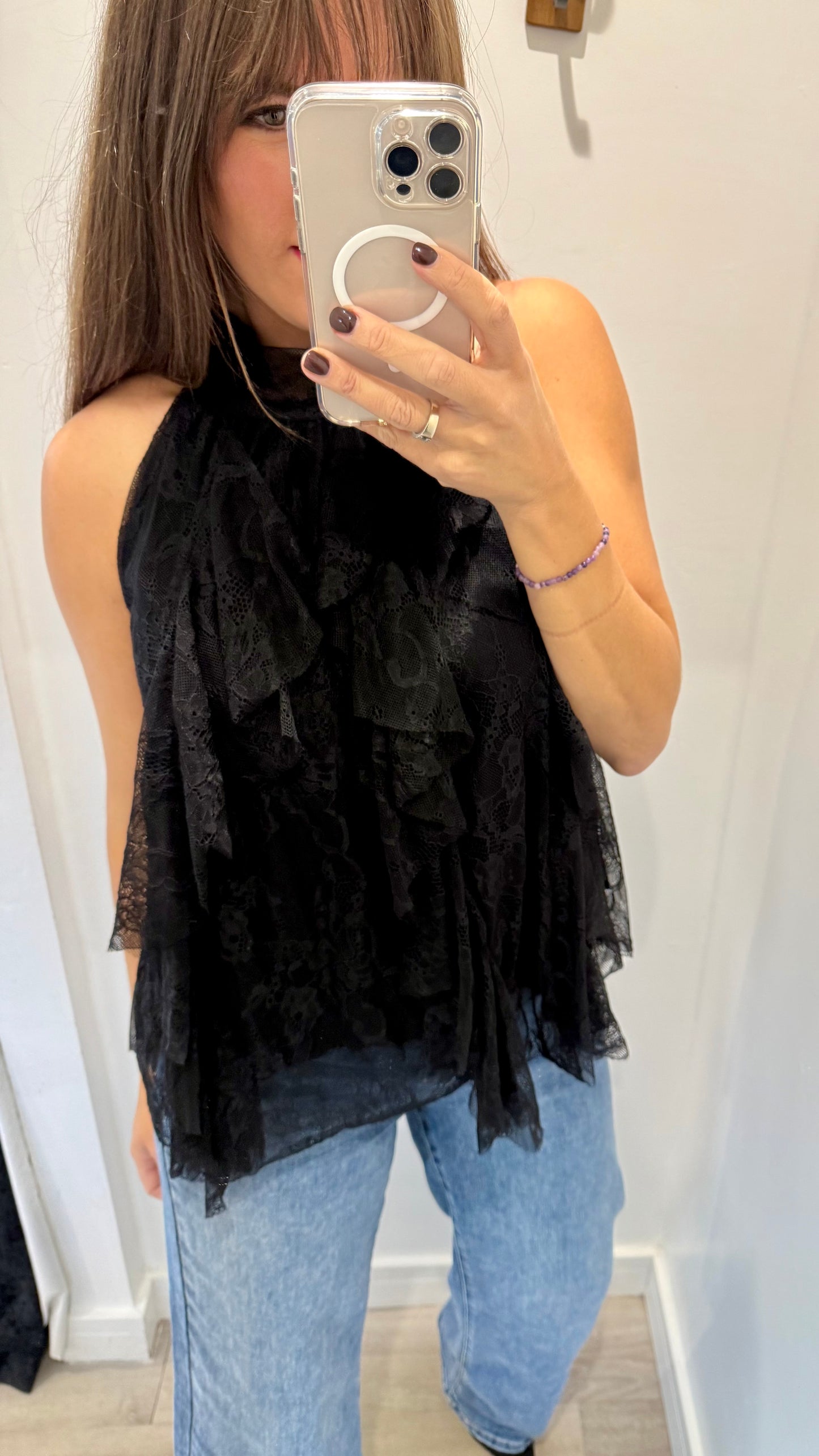 HALTERNECK LACE RUFFLE TOP