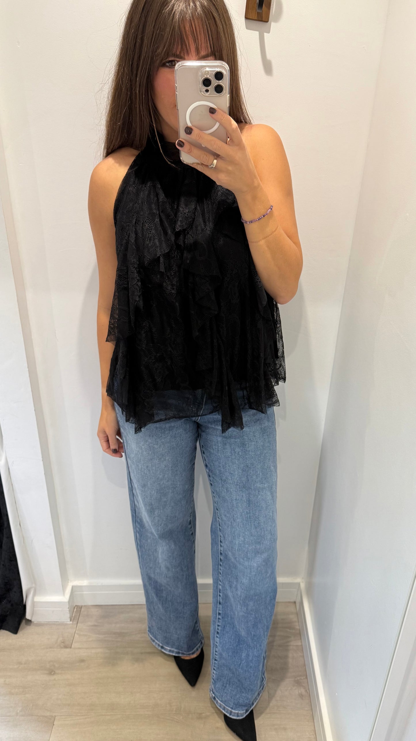 HALTERNECK LACE RUFFLE TOP