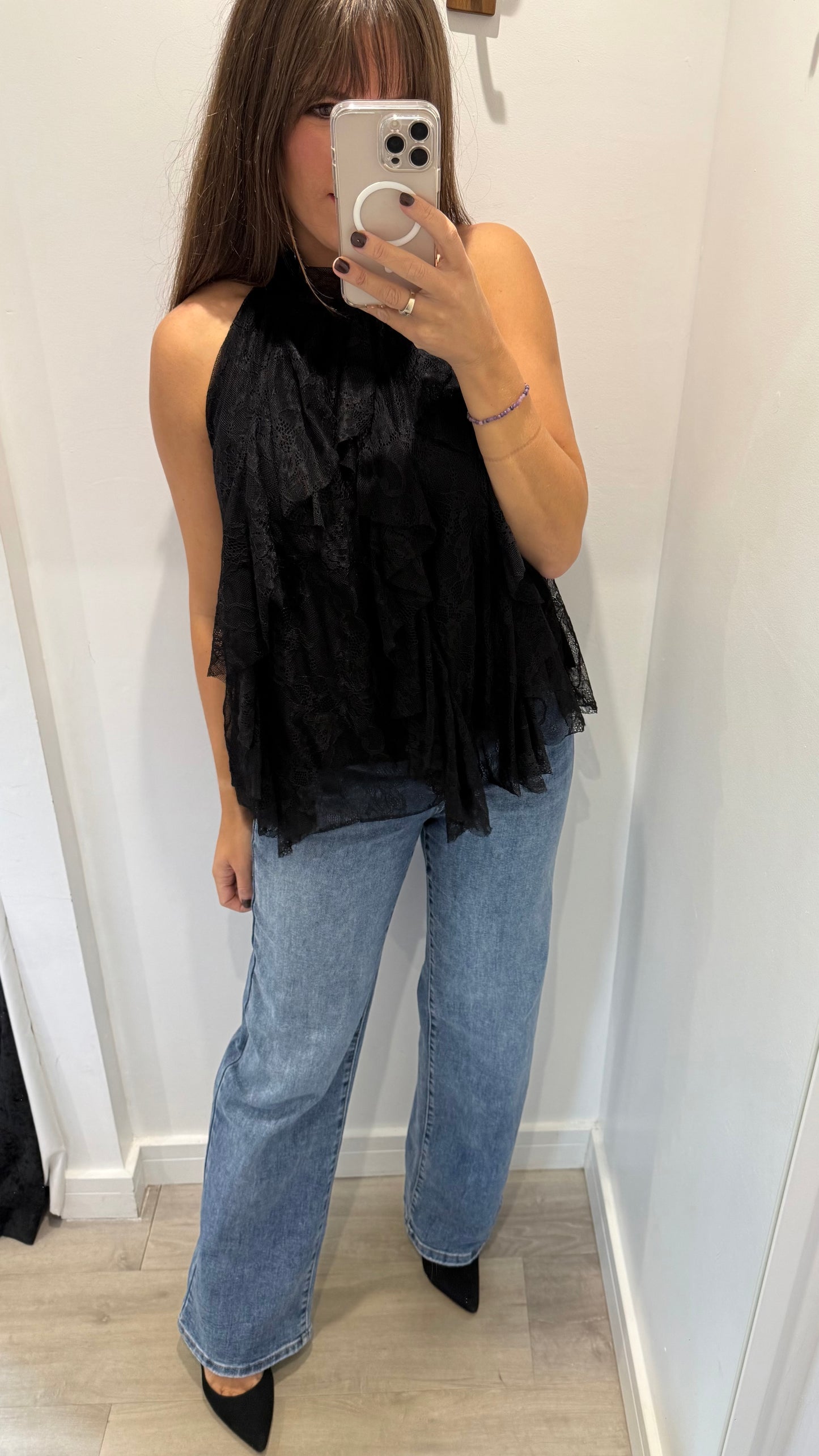 HALTERNECK LACE RUFFLE TOP