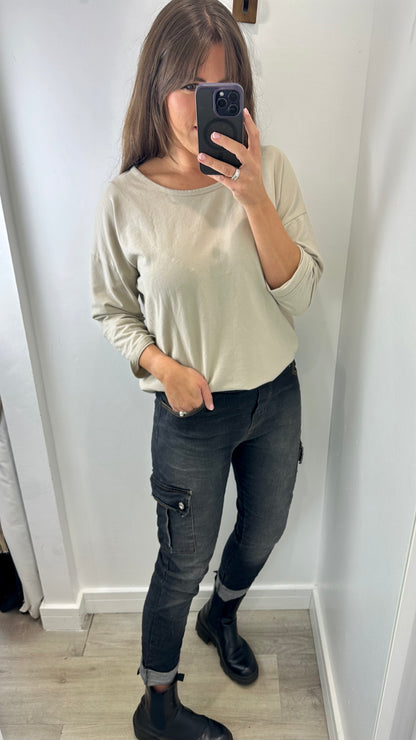 SAND ROLL SLEEVE SWEAT TOP