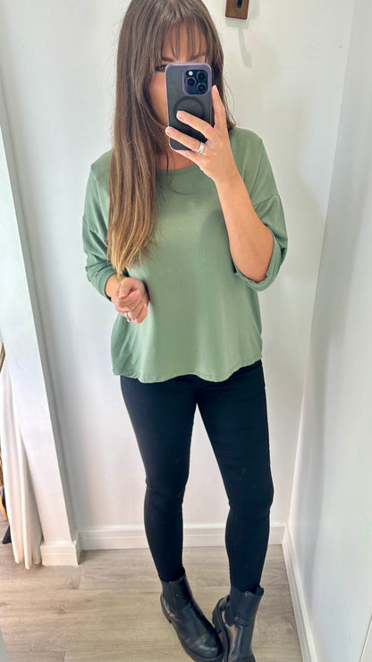 KHAKI ROLL SLEEVE SWEAT TOP