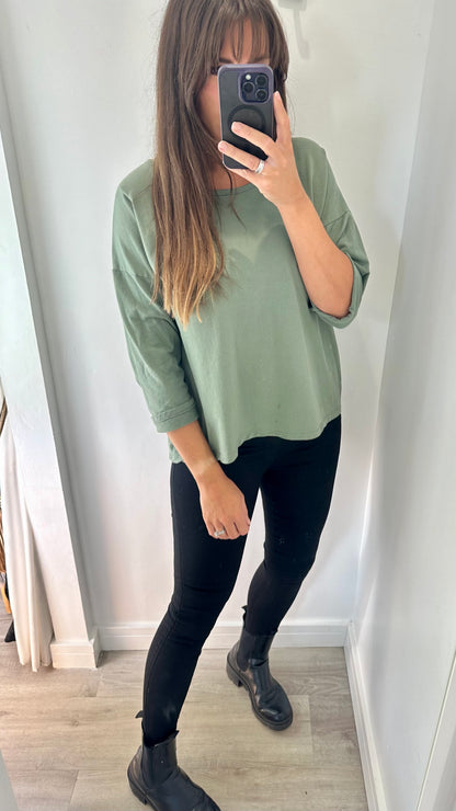 KHAKI ROLL SLEEVE SWEAT TOP
