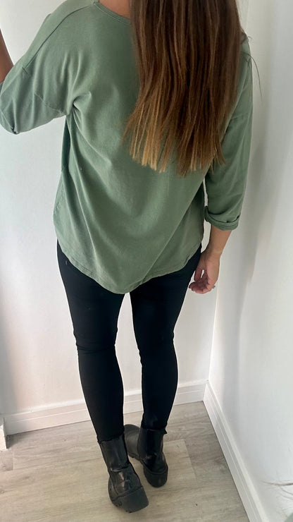 KHAKI ROLL SLEEVE SWEAT TOP