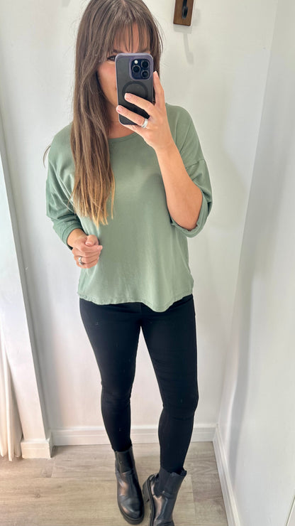 KHAKI ROLL SLEEVE SWEAT TOP