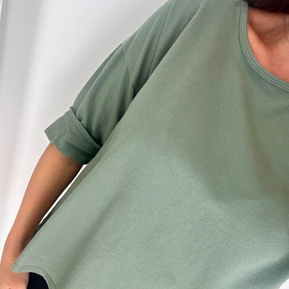 KHAKI ROLL SLEEVE SWEAT TOP