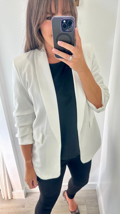 WHITE RUCHED SLEEVE BLAZER