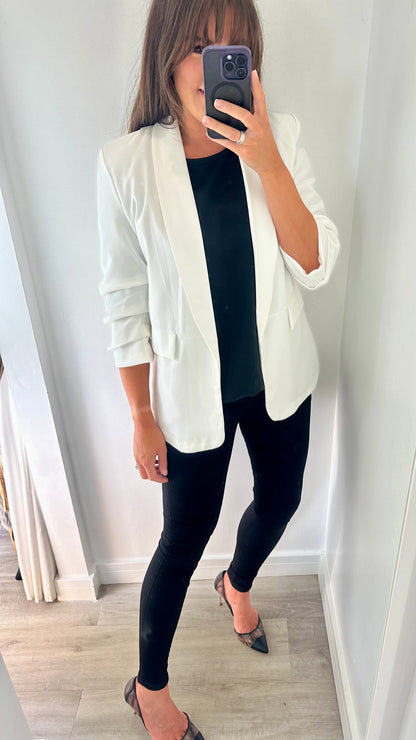 WHITE RUCHED SLEEVE BLAZER