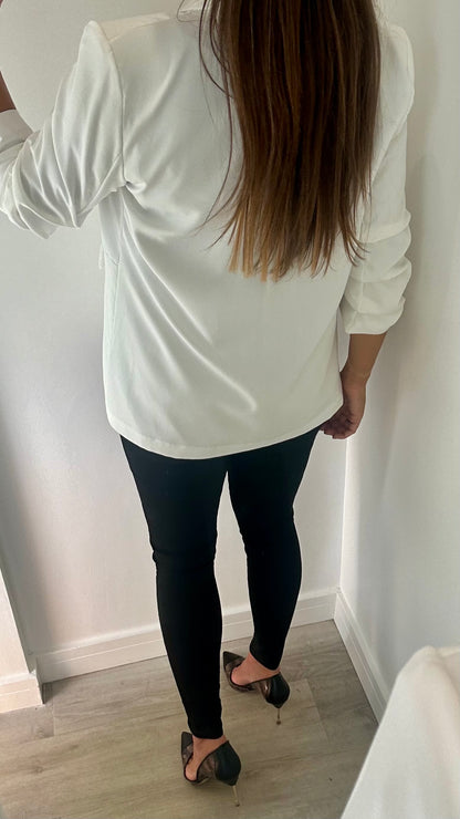 WHITE RUCHED SLEEVE BLAZER