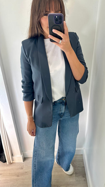 CHARCOAL GREY RUCHED SLEEVE BLAZER