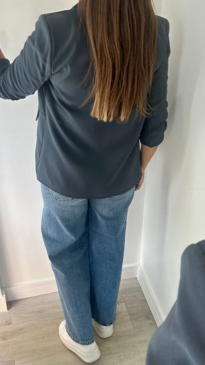 CHARCOAL GREY RUCHED SLEEVE BLAZER
