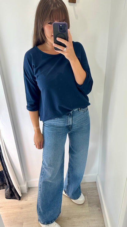 NAVY ROLL SLEEVE SWEAT TOP