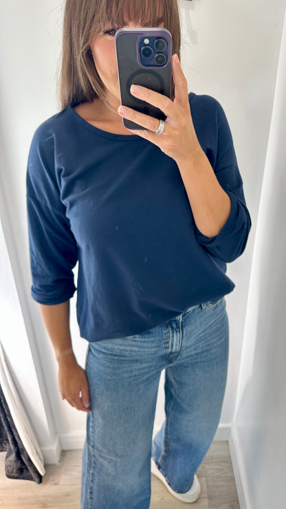 NAVY ROLL SLEEVE SWEAT TOP