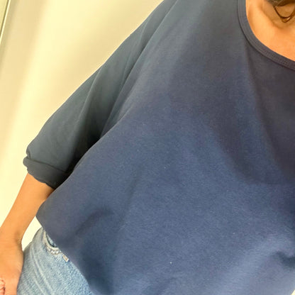 NAVY ROLL SLEEVE SWEAT TOP
