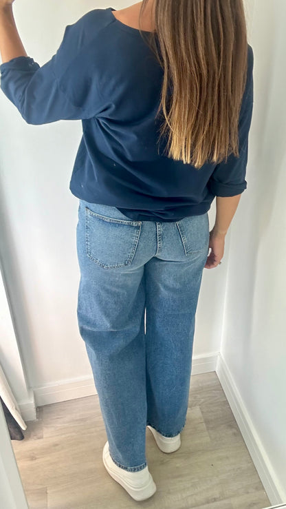NAVY ROLL SLEEVE SWEAT TOP